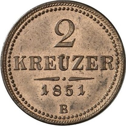 (№1851km2189) Монета Австрия 1851 год 2 Kreuzer (1/60 Талера - А, Б, Г)