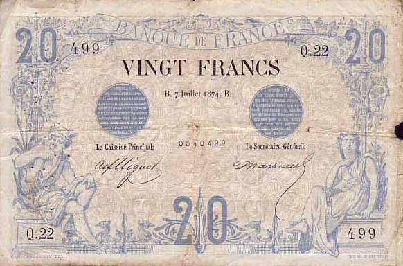 (№1874P-61a.1) Банкнота Франция 1874 год &quot;20 Francs&quot; (Подписи: A)