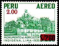 (№1976-1029) Марка Перу 1976 год "Памятник AborigineAgri Лима надпечатка", Гашеная