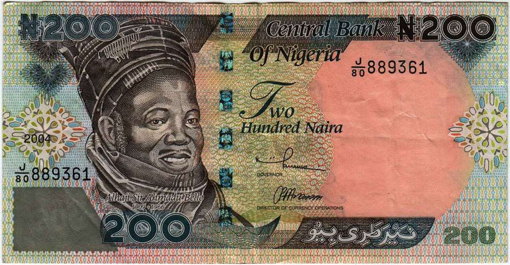 (,) Банкнота Нигерия 2004 год 200 найра &quot;Ахмаду Белло&quot;   XF
