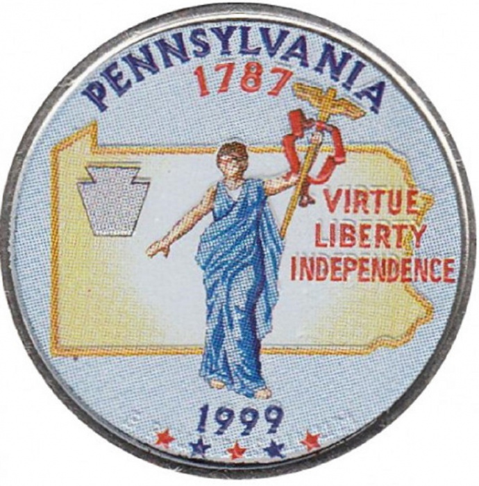 (002p) Монета США 1999 год 25 центов &quot;Пенсильвания&quot;  Вариант №1 Медь-Никель  COLOR. Цветная