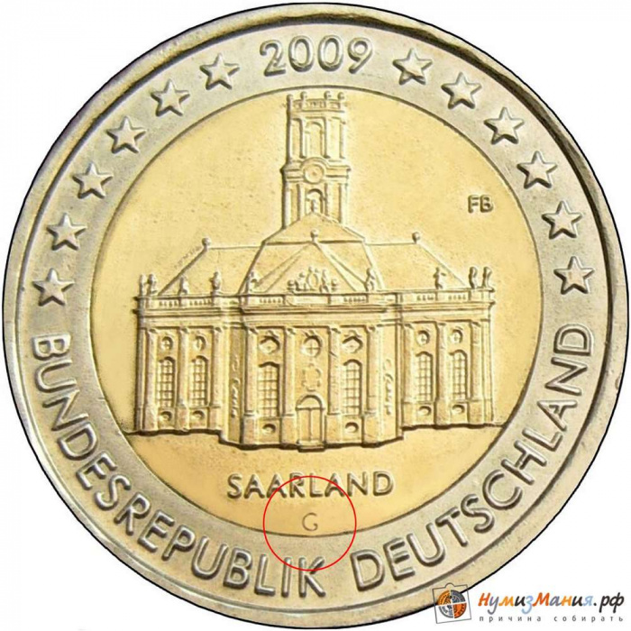 (006) Монета Германия (ФРГ) 2009 год 2 евро &quot;Саар&quot; Двор G Биметалл  UNC