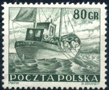 (1953-017) Марка Польша &quot;Рыболовное судно&quot;   Торговый флот II Θ