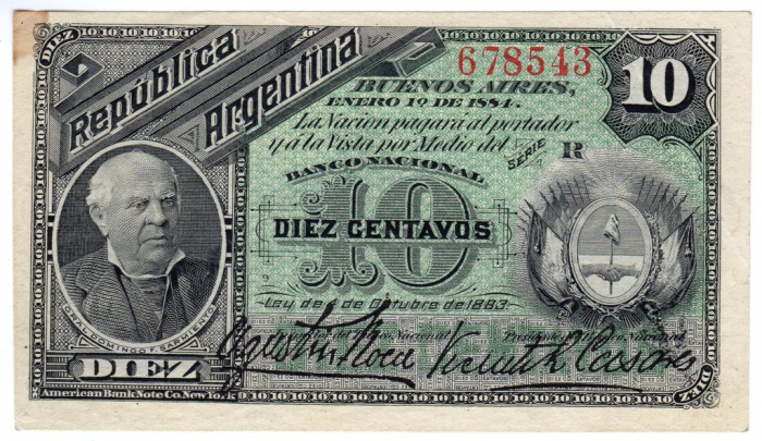 (№1884P-6a.2) Банкнота Аргентина 1884 год &quot;10 Centavos&quot; (Подписи: Roca  Casares)