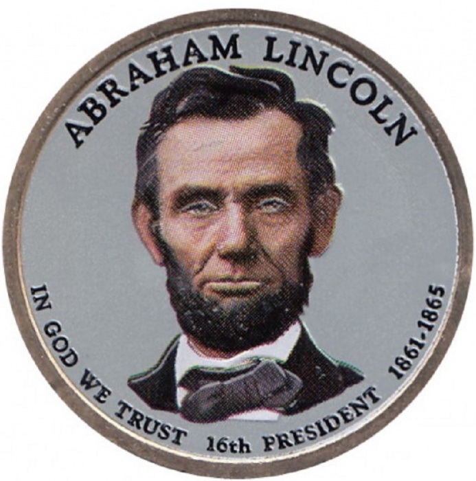 16p Монета США 2010 год 1 доллар Авраам Линкольн  Вариант №1 Латунь  COLOR. Цветная