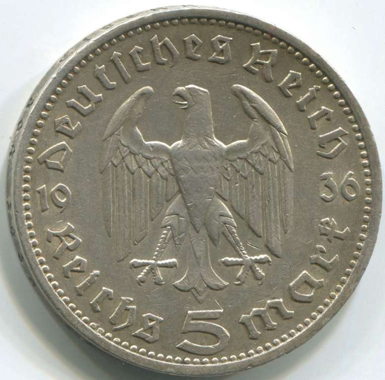 1936e Монета Германия 1936 год 5 марок Пауль Гинденбург Без свастики Серебро Ag 900  XF