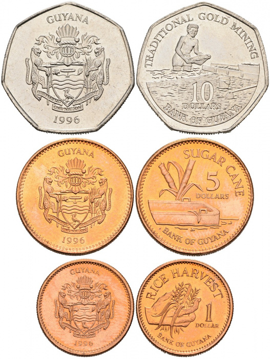 (2007-2008, 3 монеты, 1, 5 и 10 долларов) Набор монет Гайана 2007-2008 год    UNC