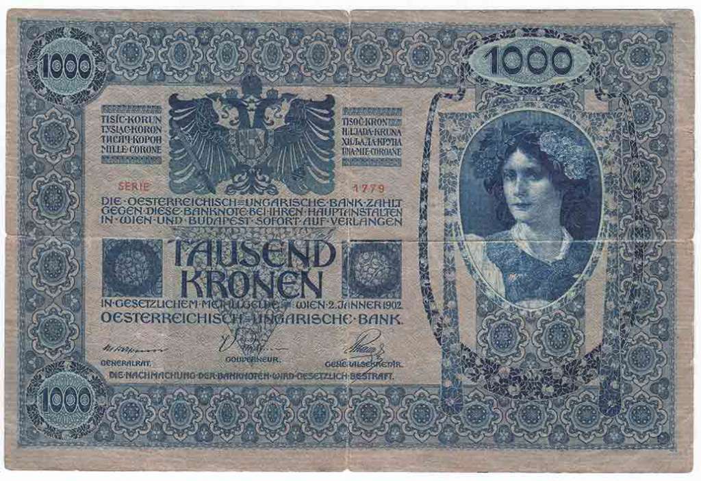 (1919) Банкнота Австро-Венгрия 1919 год 1 000 крон &quot;Вертик надпечатка на боне 1902 года&quot;   VF