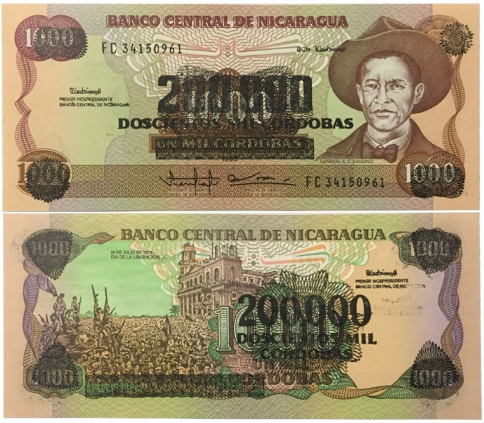 (1990) Банкнота Никарагуа 1990 год 200 000 кордоба &quot;Надп на 1000 кордоба 1985&quot;   UNC