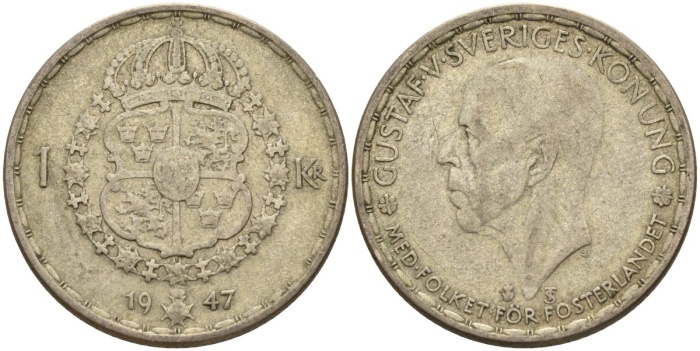 1947 Монета Швеция 1947 год 1 крона Густав V  Серебро Ag 400  XF