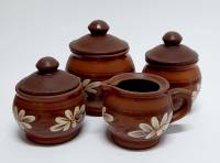 Горшочки для запекания 3 шт с крышками и кувшин-соусник керамика глина СССР