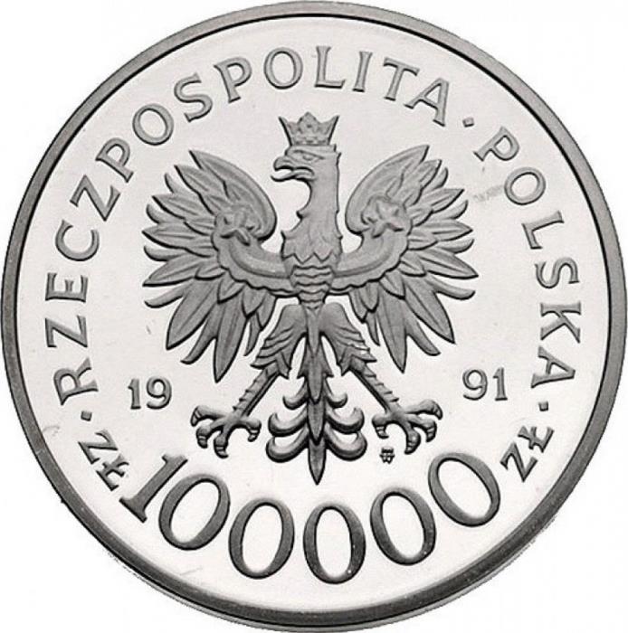 (1991) Монета Польша 1991 год 100000 злотых &quot;Битва за Британию&quot;  Серебро Ag 750  PROOF