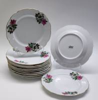 Тарелки десертные 12 штук Китай волнистый золоченый край рисунок цветы