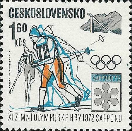 (1971-068) Марка Чехословакия &quot;Лыжники&quot; ,  III Θ