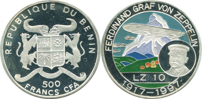 (1997) Монета Бенин 1997 год 500 франков КФА &quot;Фердинанд фон Цеппелин&quot;  Цветная Серебро Ag 999  PROOF