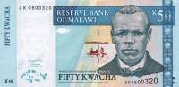 (,) Банкнота Малави 2001 год 50 квача "Джон Чилембве"   UNC