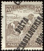 (1919-145) Марка Чехословакия "Жнец (Темно-коричневая)"    Марки Австрии и Венгрии, с черной или син