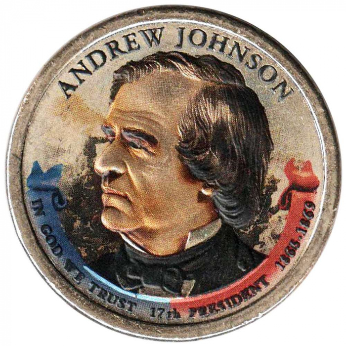 (17d) Монета США 2011 год 1 доллар &quot;Эндрю Джонсон&quot;  Вариант №2 Латунь  COLOR. Цветная