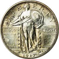(1917) Монета США 1917 год 25 центов "Стоящая Свобода" 1. Без звёзд под орлом Серебро Ag 900  UNC