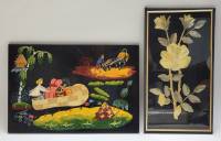 Панно СССР 2 шт Сынок с кулачок Г. Жлобин дерево лак роспись и апликация соломкой за стеклом 