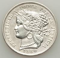 (№1880km201.2) Монета Перу 1880 год 5 Pesetas (С точкой после Б)