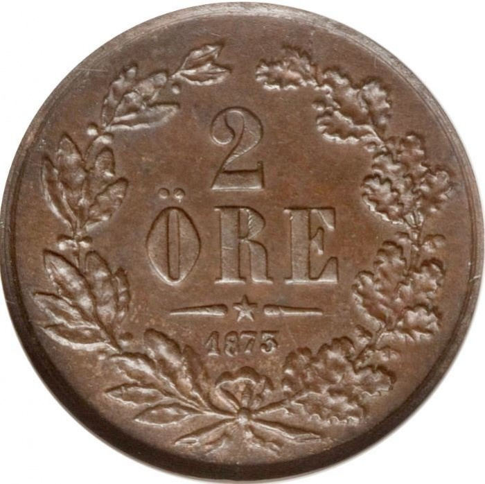 (1873) Монета Швеция 1873 год 2 эре &quot;Оскар II&quot;  Бронза  UNC