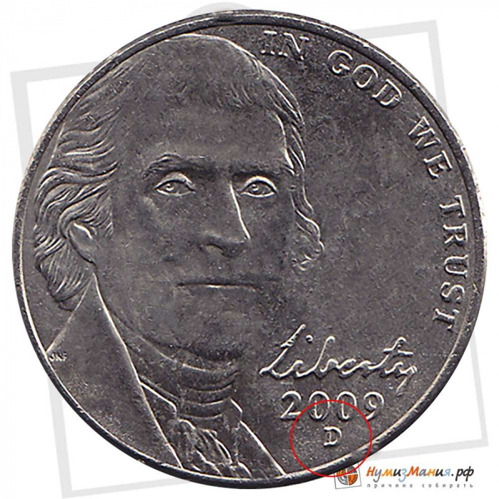 (2009d) Монета США 2009 год 5 центов   Томас Джефферсон анфас  AU