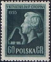 (1954-047) Марка Польша "Ф. Шопен (Черно-зеленая)"   5-й Международный фортепианный конкурс II Θ