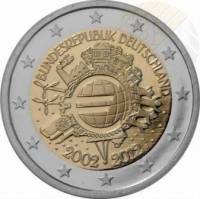 (009) Монета Германия (ФРГ) 2012 год 2 евро "10 лет наличному обращению Евро" Двор A Биметалл  VF