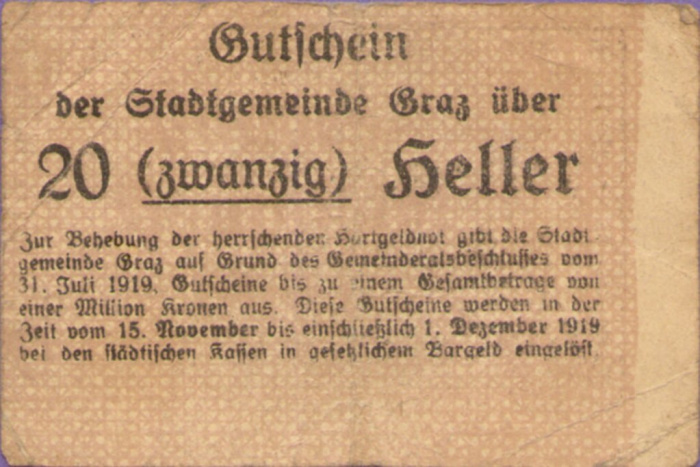 (№1919) Банкнота Австрия 1919 год &quot;20 Heller&quot;