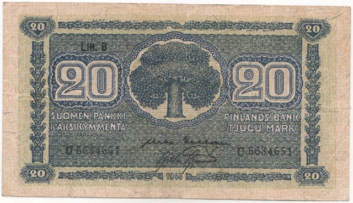 (1945 Litt B) Банкнота Финляндия 1945 год 20 марок  Kekkonen - Aspelund  VF