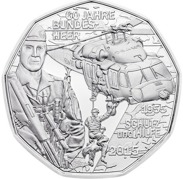 (027, Ag) Монета Австрия 2015 год 5 евро &quot;Вооруженные силы&quot;  Серебро Ag 800  Буклет