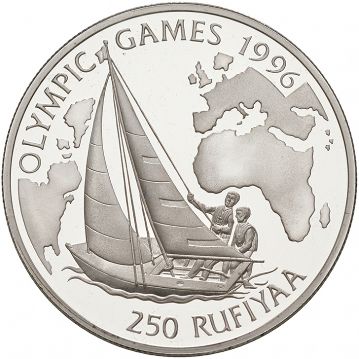 (1993) Монета Мальдивы 1993 год 250 руфий &quot;ХХVI Летняя олимпиада Атланта 1996 Парусник&quot;   PROOF