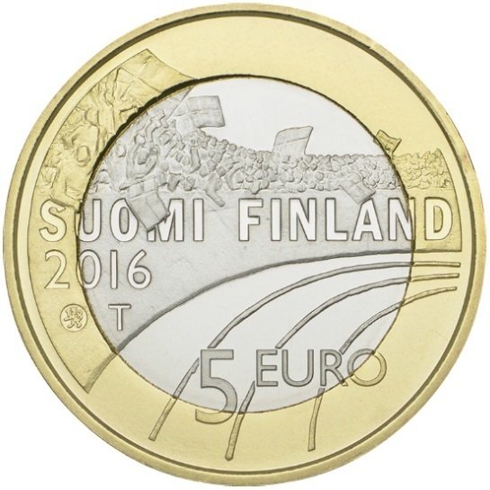 (051) Монета Финляндия 2016 год 5 евро &quot;Футбол&quot; 2. Диаметр 27,25 мм Биметалл  UNC