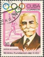(1984-051) Марка Куба "Пьер де Кубертен"    90 лет МОК III Θ