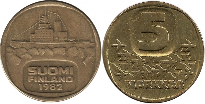 (1982) Монета Финляндия 1982 год 5 марок &quot;Ледокол Урхо&quot; Латунь  XF