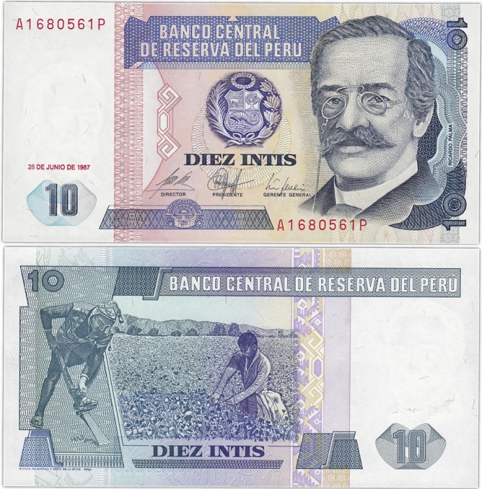 (1987) Банкнота Перу 1987 год 10 инти &quot;Рикардо Пальма&quot;   UNC