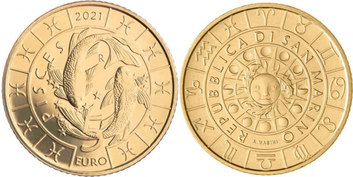 (2021) Монета Сан-Марино 2021 год 5 евро &quot;Рыбы&quot;  Латунь  UNC