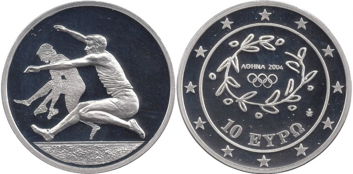 (2003) Монета Греция 2003 год 10 евро &quot;XXVIII Летняя Олимпиада Афины 2004 Прыжки в длину&quot;  Серебро A