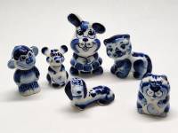 Статуэтки фигурки мини 6 штук кот кошка собака такса заяц обезьяна мышь гжель высота 3,5-7 см