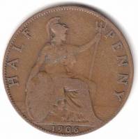 (1906) Монета Великобритания 1906 год 1/2 пенни "Эдуард VII"  Медь  VF