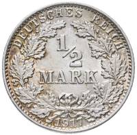 (1917a) Монета Германия (Империя) 1917 год 1/2 марки   Серебро Ag 900  XF