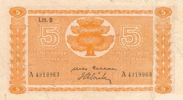 (1945 Litt B) Банкнота Финляндия 1945 год 5 марок    UNC