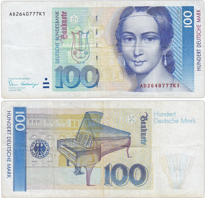 (1989) Банкнота Германия (ФРГ) 1989 год 100 марок &quot;Клара Шуман&quot;   VF