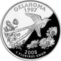 (046s, Ag) Монета США 2008 год 25 центов "Оклахома"  Медь-Никель  PROOF