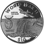 (1997) Монета Либерия 1997 год 10 долларов "Бомбардировка плотин"  Серебро Ag 999  PROOF