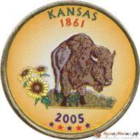 (034p) Монета США 2005 год 25 центов "Канзас"  Вариант №1 Медь-Никель  COLOR. Цветная