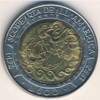 (1992) Монета Сан-Марино 1992 год 500 лир "Открытие Америки 500 лет"  Биметалл  UNC