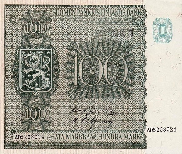 (1945 Litt B) Банкнота Финляндия 1945 год 100 марок    UNC