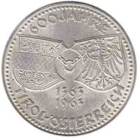 (1963) Монета Австрия 1963 год 50 шиллингов "Тирольский союз. 600 лет"  Серебро Ag 900  UNC